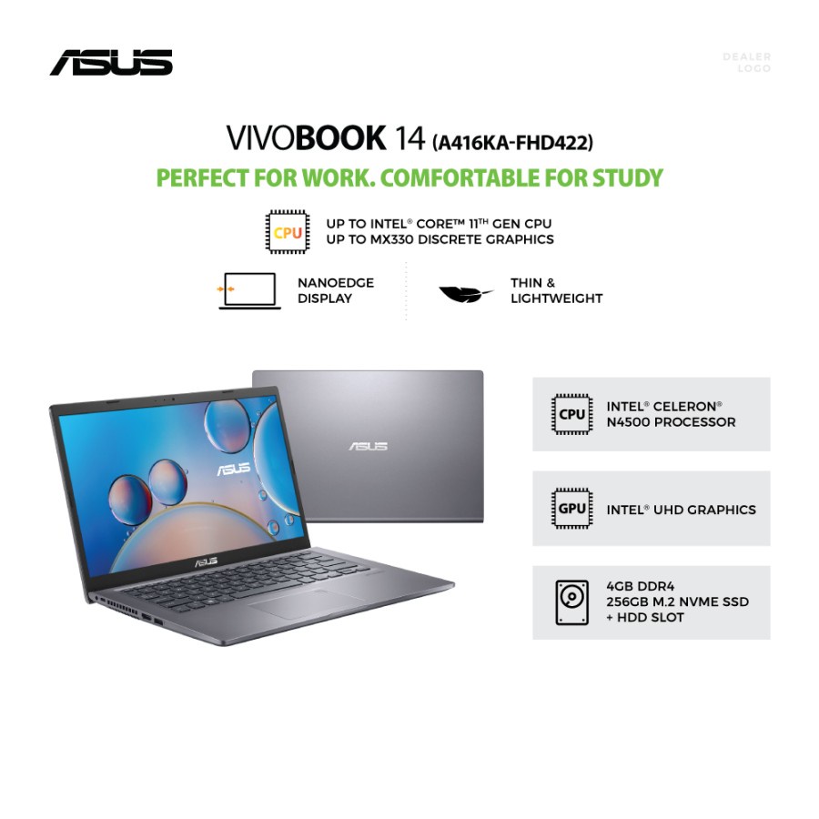LAPTOP ASUS VIVOBOOK 14 A416KA N4500 4GB 256GB 14" FHD WIN11 OHS