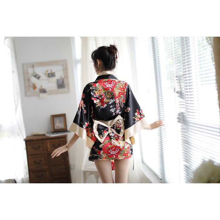 LI-86 mini kimono yukata hitam lingerie baju tidur wanita seksi cosplay