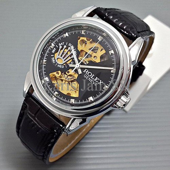 Jam Tangan Pria / Cowok Rolex Skeleton Geneve Leather Black Silver