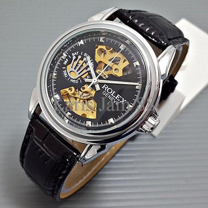 CUCI GUDANG Jam Tangan Pria   Cowok Rolex Skeleton Geneve Leather Black Silver PROMO