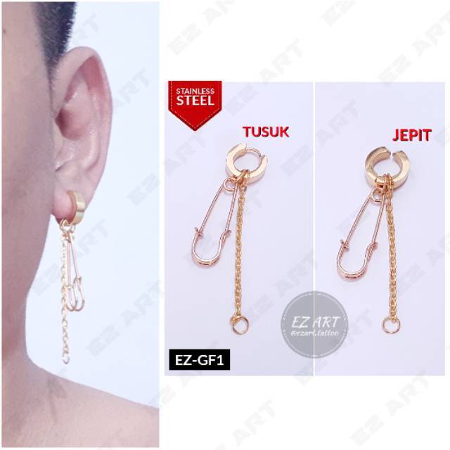 1Pc Model EZ-GF Gold Emas Anting Pria dan Wanita Jepit Tusuk Variasi Peniti Rantai