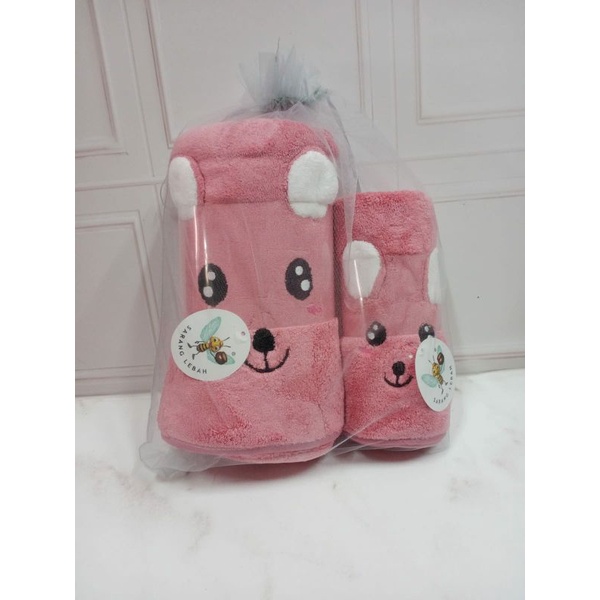 [1set Isi 2] Handuk Mandi Dewasa Microfiber Boneka Timbul 70x140cm dan 30x70cm - Souvenir