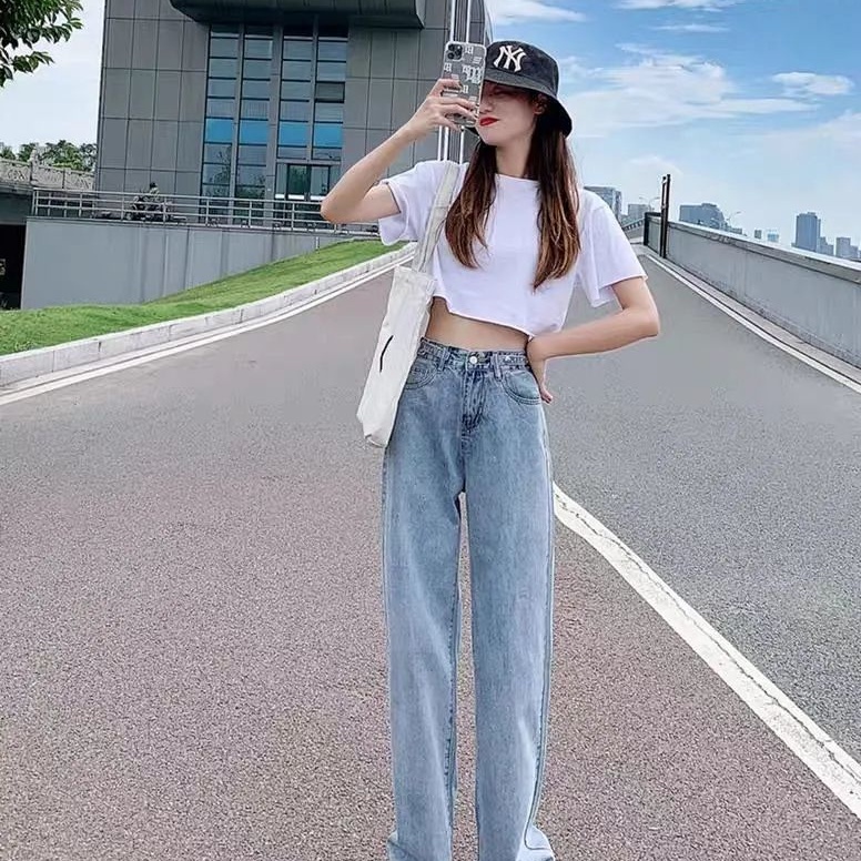 XIAOZHAINV Korean Style Jeans Wanita Retro Loose Highwaist Straight Jeans