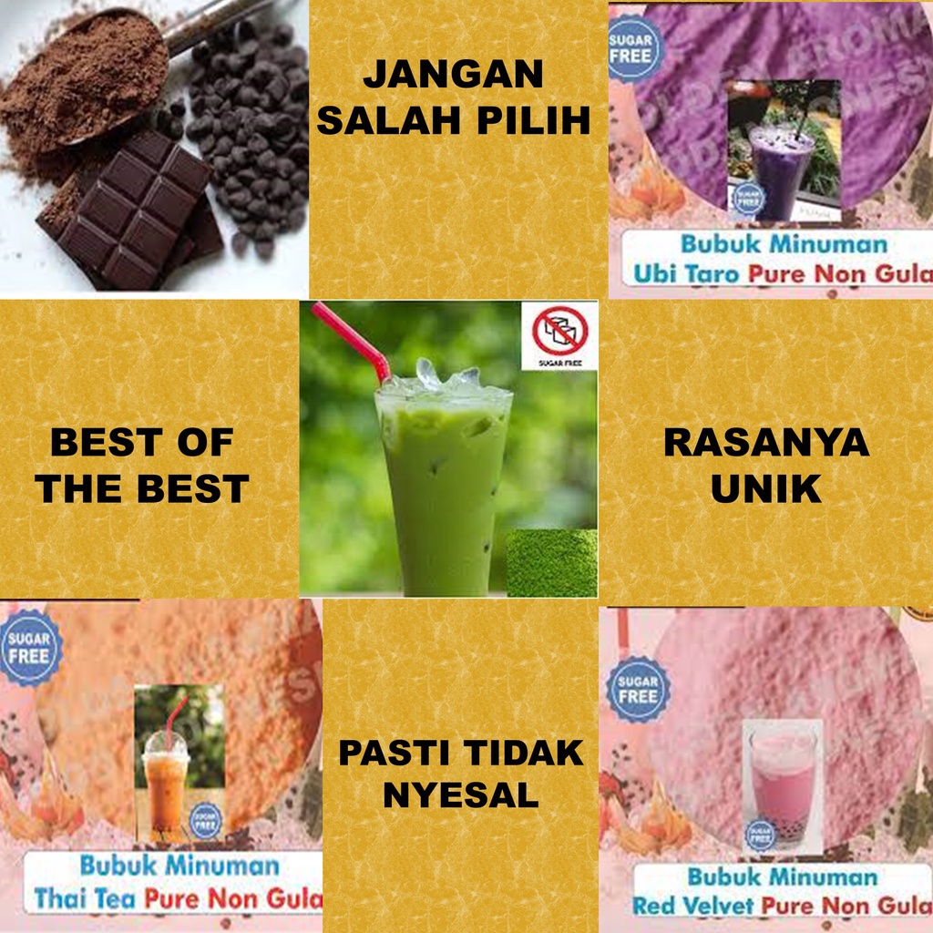 

Bubuk Minuman Coklat choco Pure | Bubuk Minuman Tanpa Gula Coklat Green Tea Red Velvet Taro Thai Tea Strawberry Non Gula Rasa Enak | Serbuk Murah Aman Terbaik PREMIUM