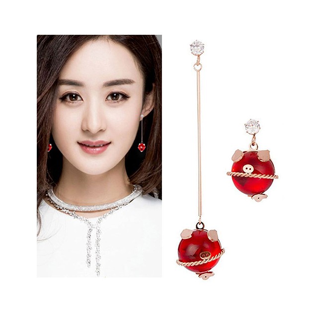 LRC Anting Tusuk Fashion Red Titanium Steel Lucky Pig Asymmetric Stud Earrings A58296