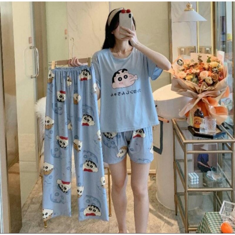 Setelan Baju Tidur Import Premium Lengan Pendek Celana pendek dan celana panjang