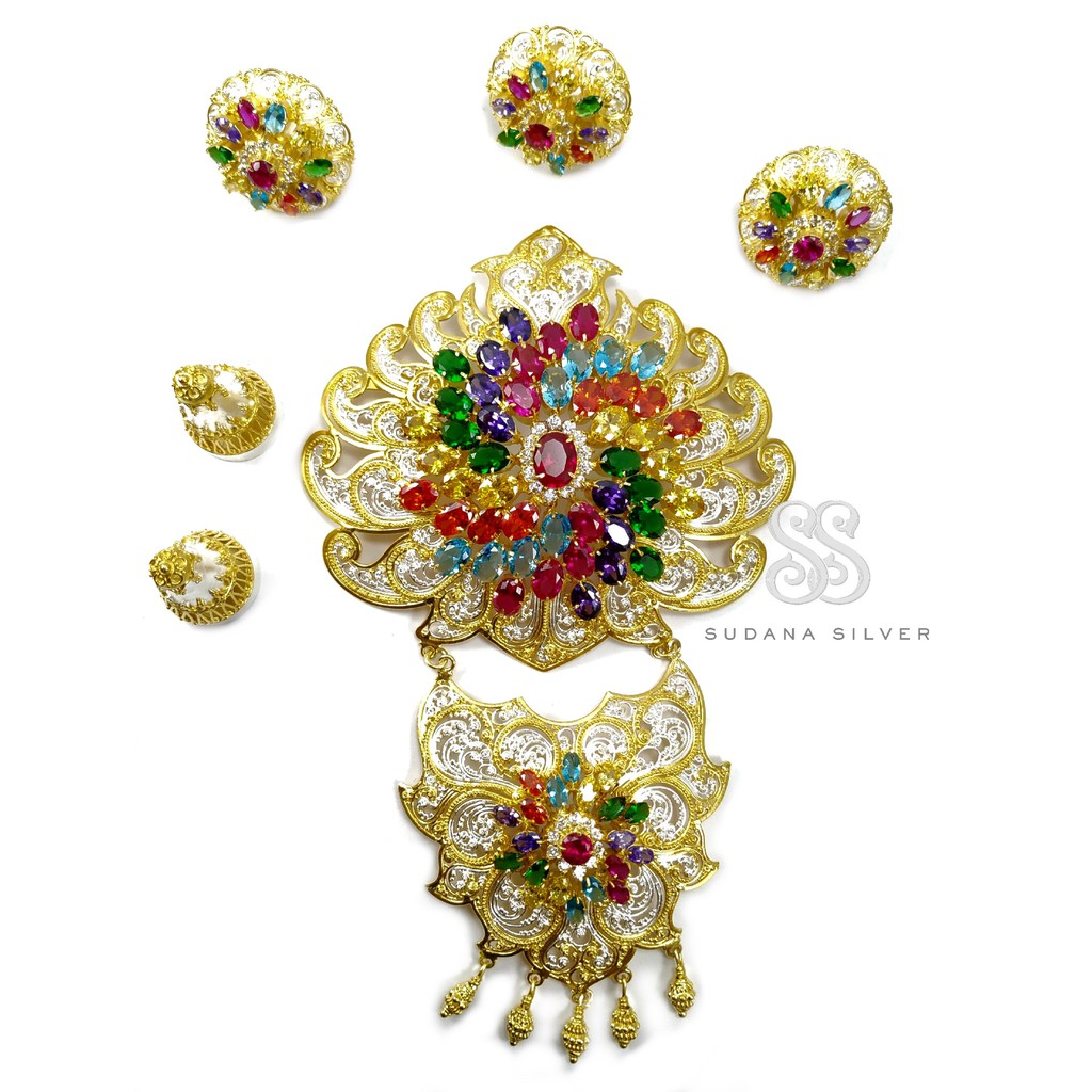 Set Perhiasan Bros Jewellery Mix Stone Kombinasi Perak Silver 925 Bali