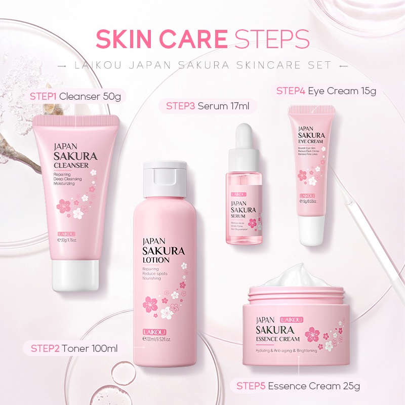 Free Hadiah LAIKOU Sakura Glowing Serum Perawatan Kulit Set Krim Peremajaan Toner Memudarkan Noda 5 Pcs