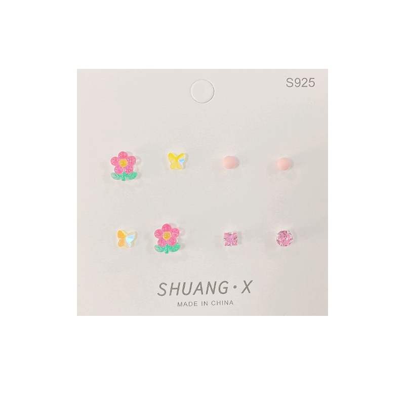 Set Anting Stud S925 Silver Bentuk Bunga Tulip Kupu-Kupu Bulat Geometris Aksen Kristal Untuk Wanita