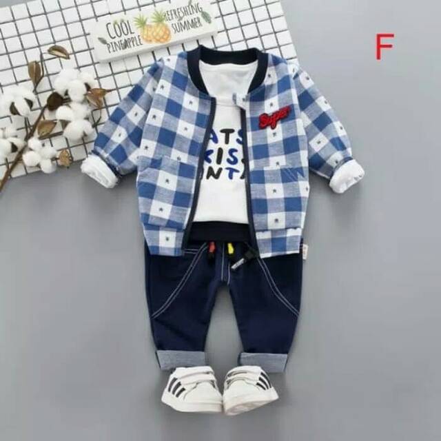 Baju Setelan Anak Laki Cowok Import Kaos Putih Jaket Super Kotak BIru