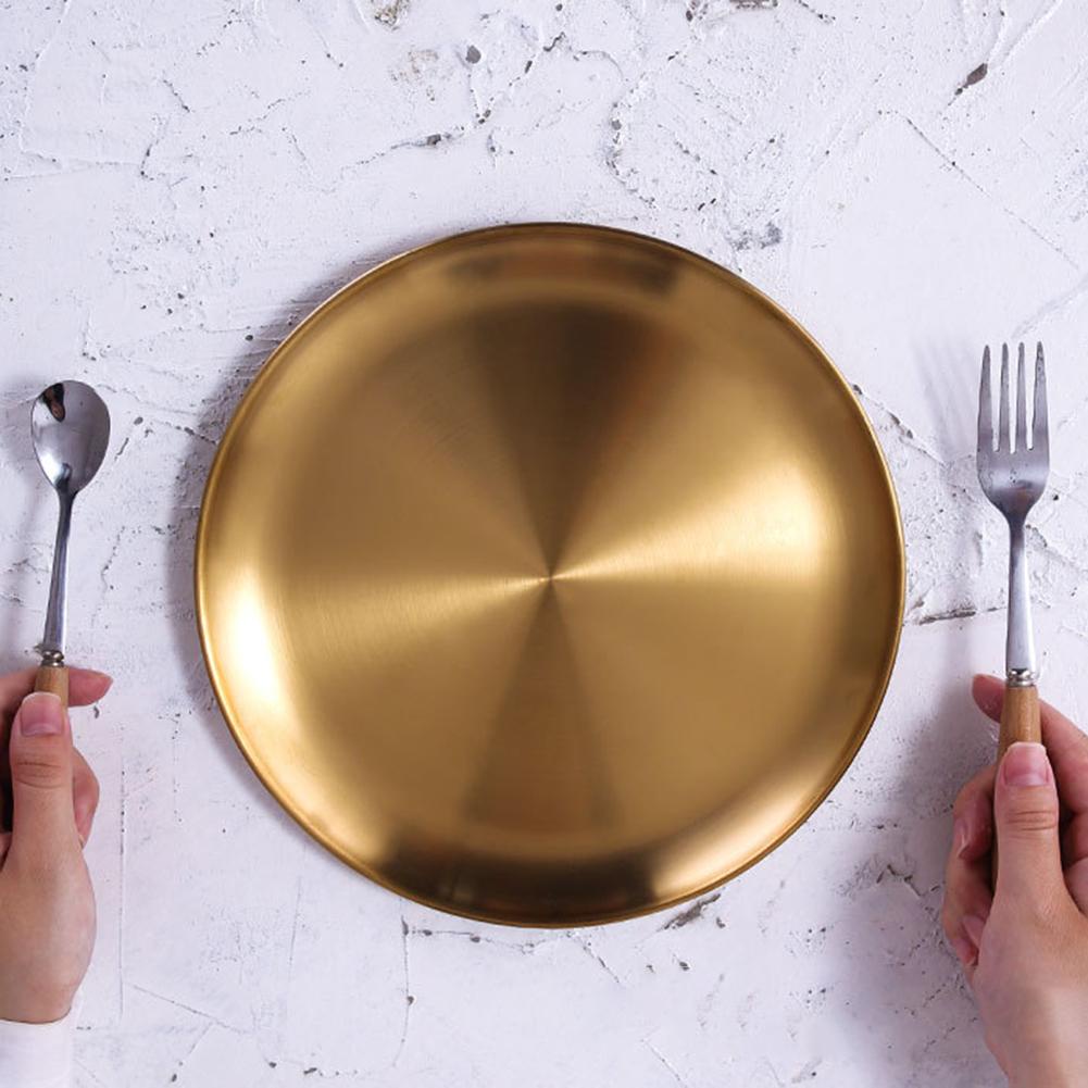 Piring Besi Stainless Steel Food Grade Beli untuk selamanya anti pecah anti karat tidak beracun Makan European Style Stainless Steel gold dan silver European Style Dinner Plates Gold Dining Serving Dishes Steak Kitchen Round Cake Tray Western dinner set