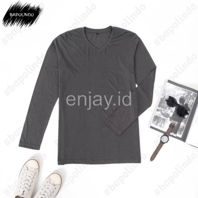 enjay.id - PREMIUM Kaos warna Abu Tua oblong ANTI BAKTERI Leher V neck lengan panjang Original