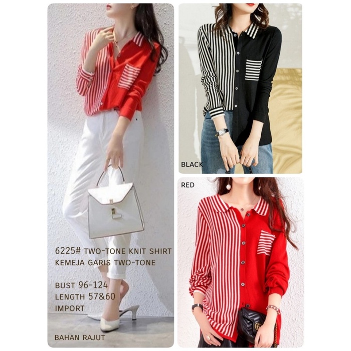 Atasan Baju Wanita Remaja Korea kemeja wanita / CB- 6225# Two-tone Kemeja Garis - Hitam