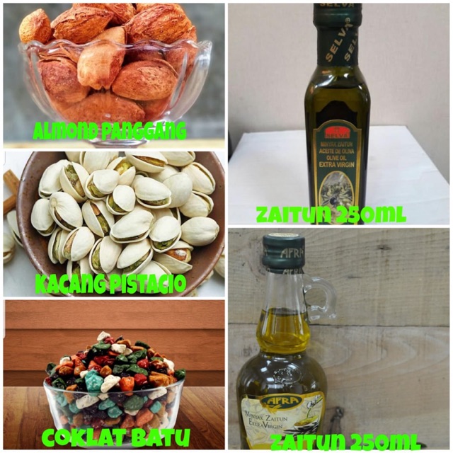 

Kacang Almond Panggang, Kacang Pistacio, Coklat Batu, Kismis, Minyak Zaitun, Zamzam