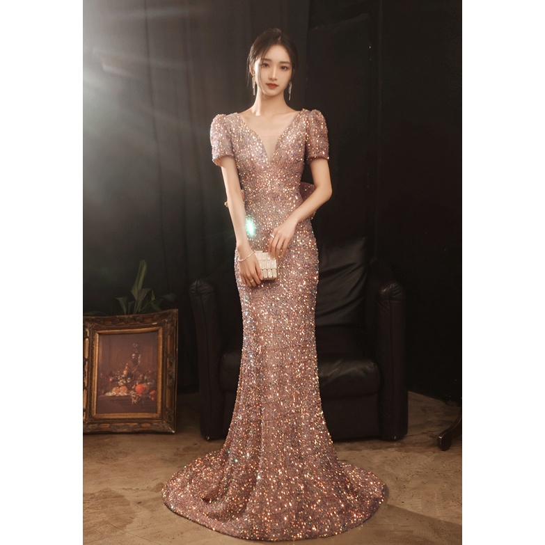Gaun Pesta 2209020 Rose Gold Merah Mermaid Lengan Pendek V Neck Ekor Party Dress