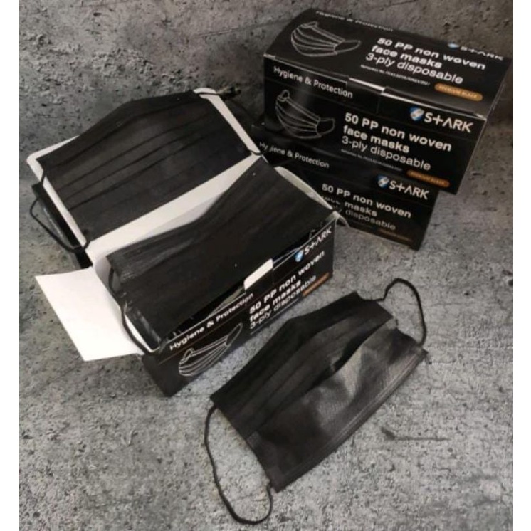 MASKER 3PLY STARK HITAM BLACK PP 50 NON WOVEN EARLOOP FACE MASK ISI 50 PC
