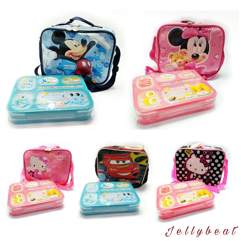 Paket Lunch Box + Tas Original Bekal Selempang Mickey Minnie Cars Hello Kitty untuk Kotak Makan