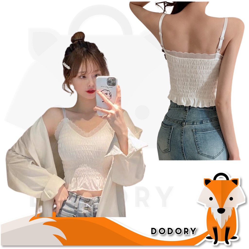 DODORY BRA518 Tanktop V-Neck Crop Renda Crinkle Dengan Busa Bra Tanpa Kawat Singlet Casual OOTD