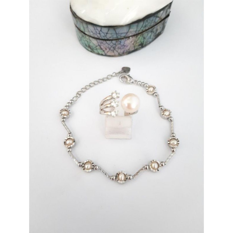 BERSERTIKAT GELANG CINCIN MUTIARA AIR TAWAR LOMBOK RANGKA SILVER CINCIN ALL SIZE MUTIARA KECIL MINI