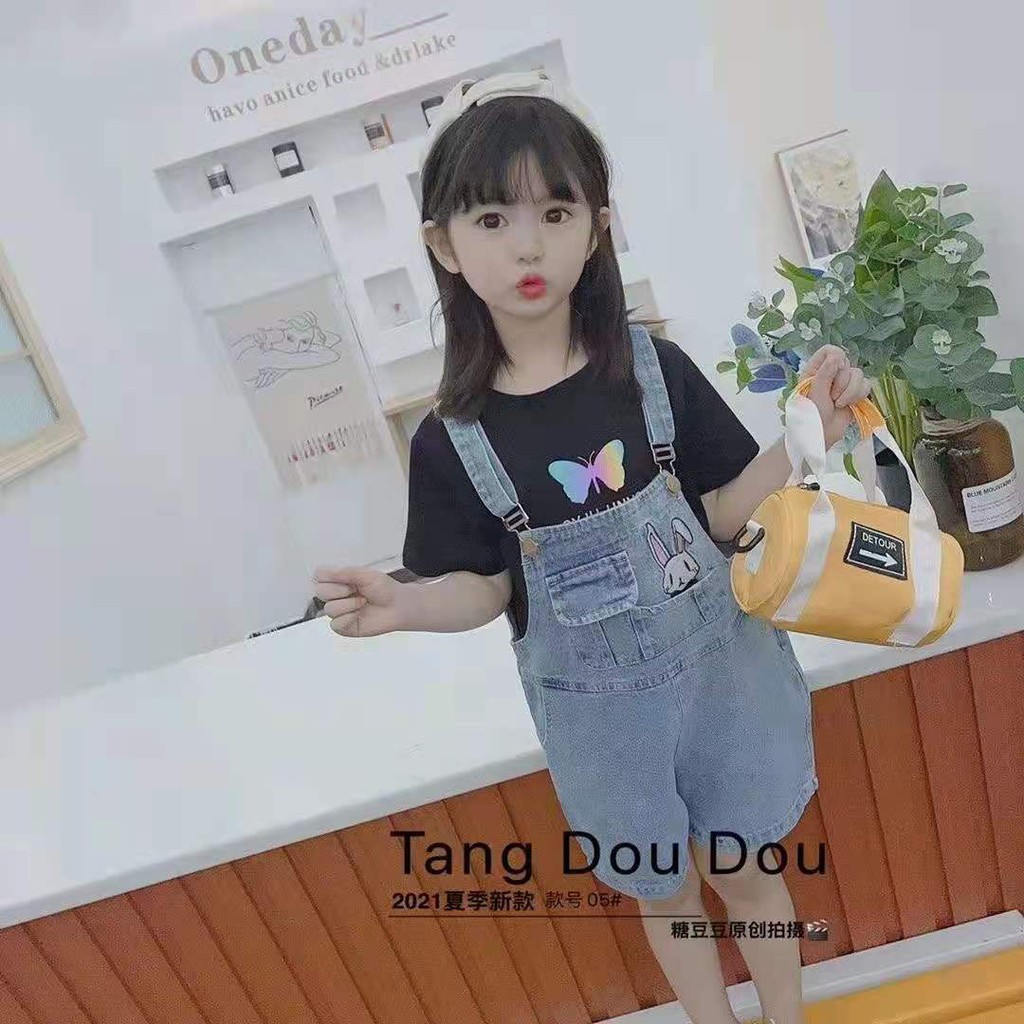 Setelan Overall Jeans Anak Perempuan Kaos Lengan Pendek Import Jumpsuits Jeans Anak Perempuan