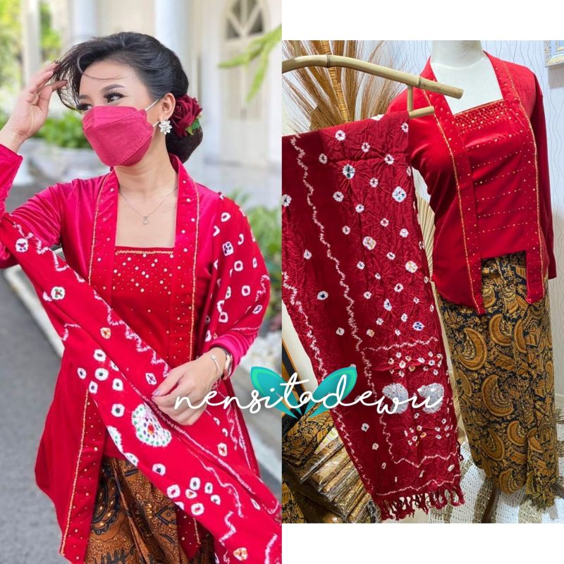 Set Kebaya Payet, Selendang + Jarik Wiru Instan / Kebaya Bludru Kutubaru