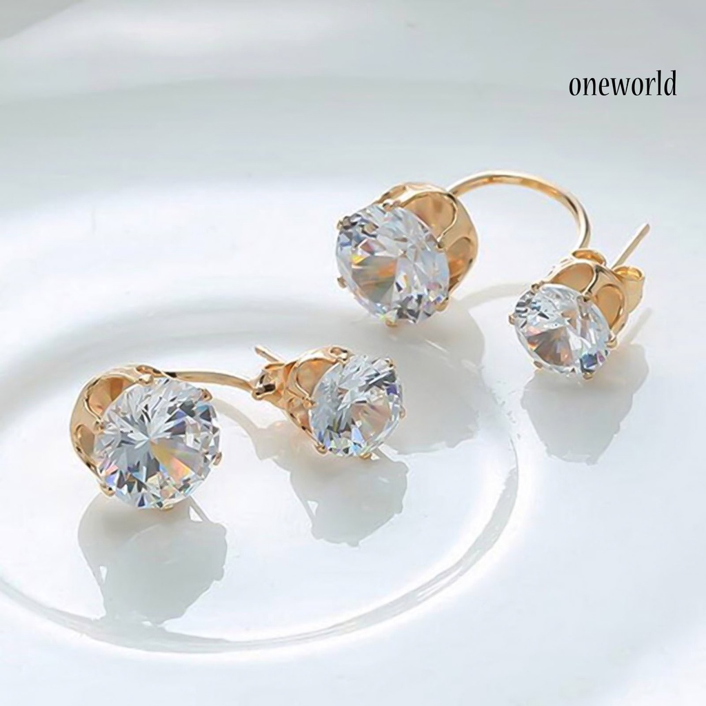 OW@ Ear Studs Double Rhinestones Fashion Drop Alloy Women Ear Jacket Earrings Jewelry for Party