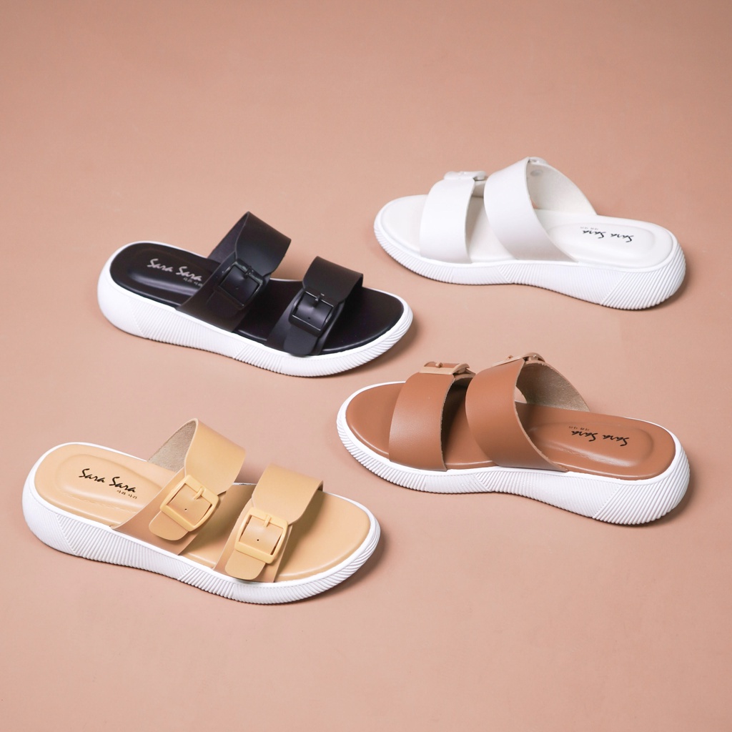 Sara Sara JEAN Sandal wanita casual sendal slop Double Strap kekinian model Gesper ban dua sendal cewek