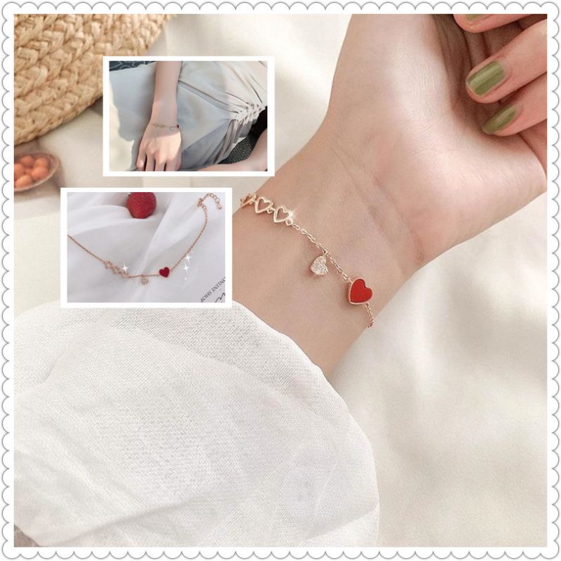 FerenHongXia Gelang Tangan Bentuk Hati Red dan White  Heart Zircon Bracelets For Women Girls Elegant Charms Bangles