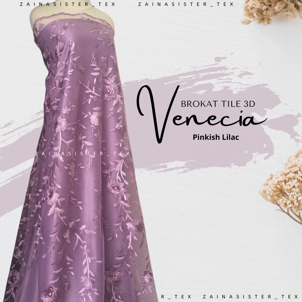Bahan Kebaya Brokat Brukat Tile Tille Tulle 3D Bordir Premium Bunga Timbul Venecia Series Warna Ungu