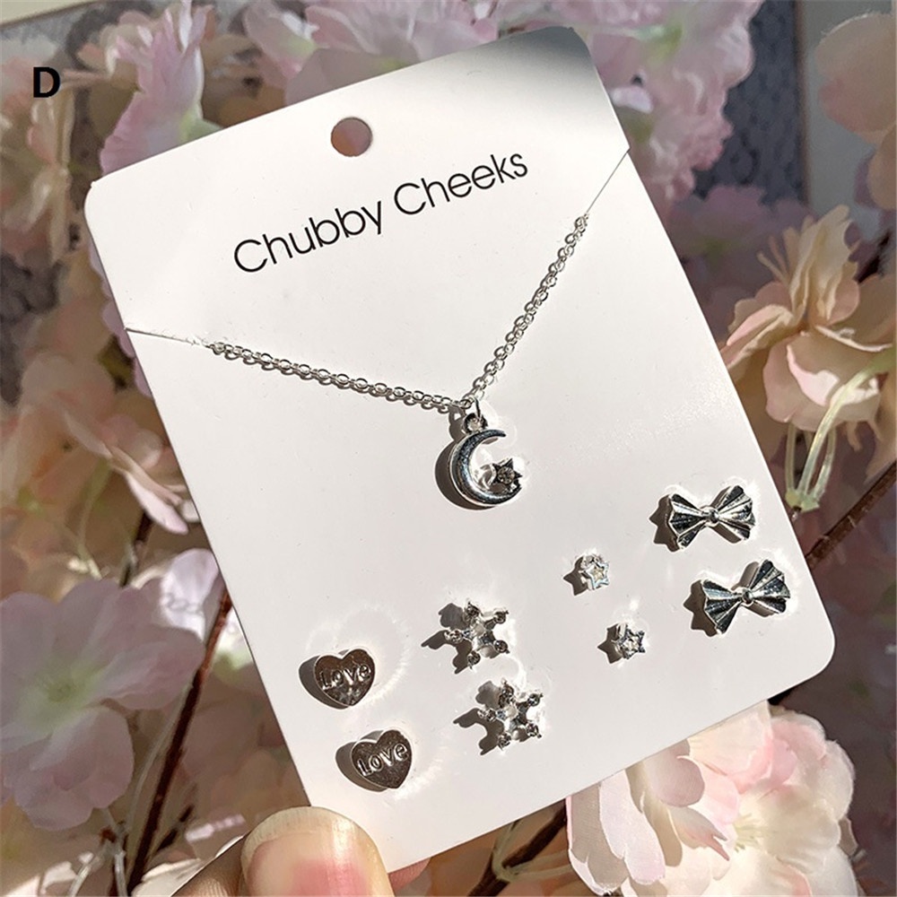 Korean Fashion Necklace and Earrings Set Card Stars Clover Flowers Snowflakes Bow Necklace Week Earring Set Jewelry