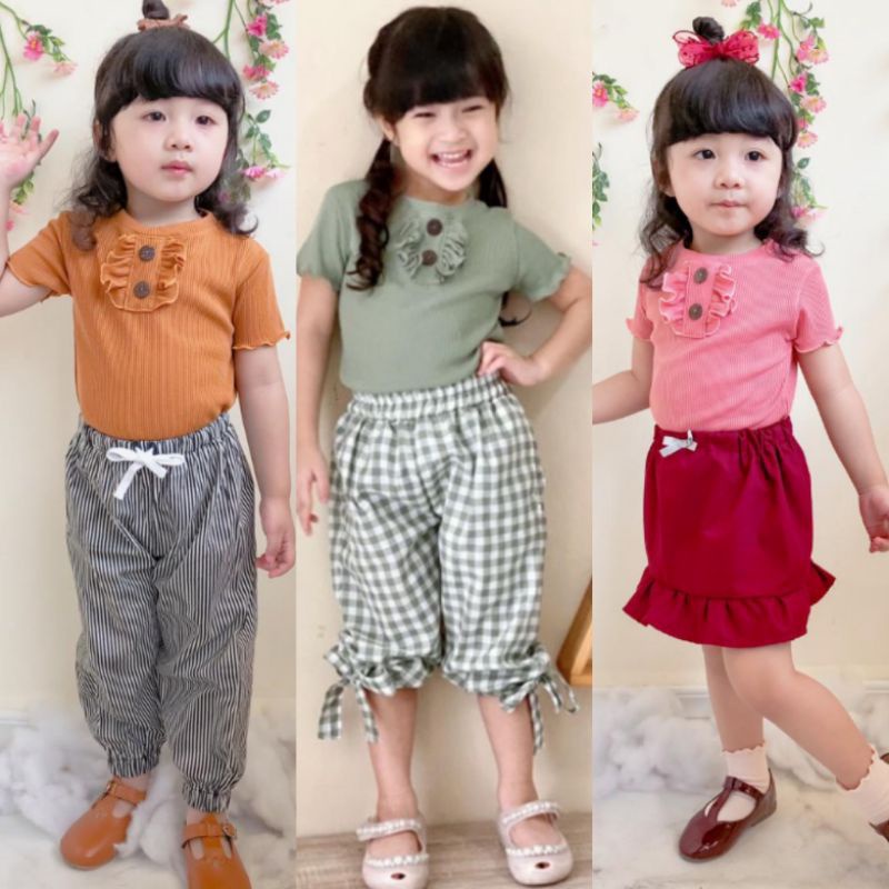 Rufle Tee 1-4 Tahun Kancing Rib Baju Anak Perempuan Kekinian