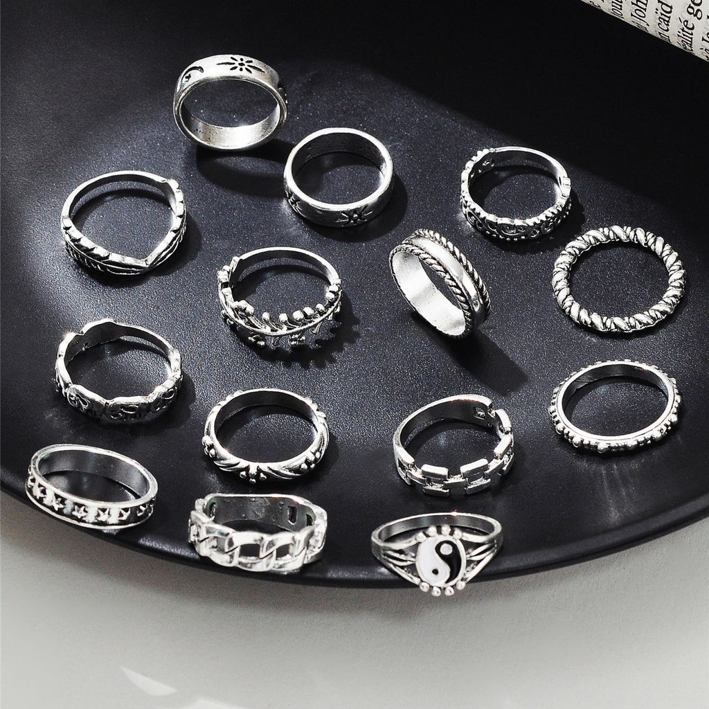 Set Cincin Rantai Ular Desain Kupu-Kupu Hati Warna Silver Gaya Vintage Gothic Punk Untuk Wanita