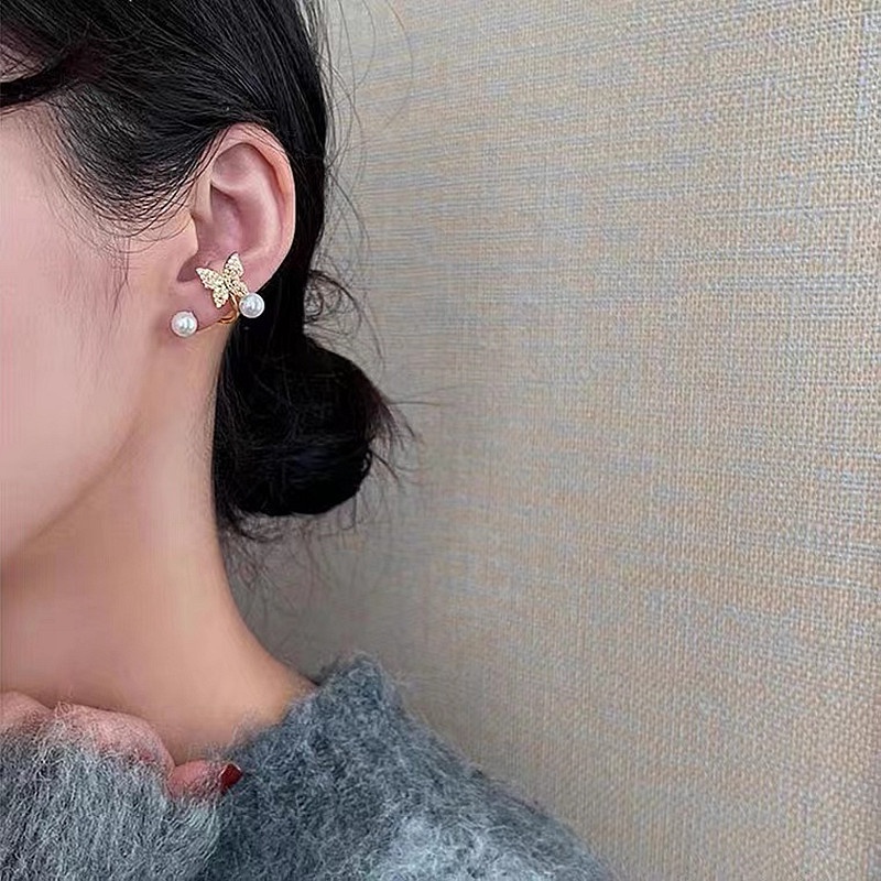 Anting Desain Kupu-Kupu Aksen Mutiara Dan Berlian Imitasi Gaya Korea