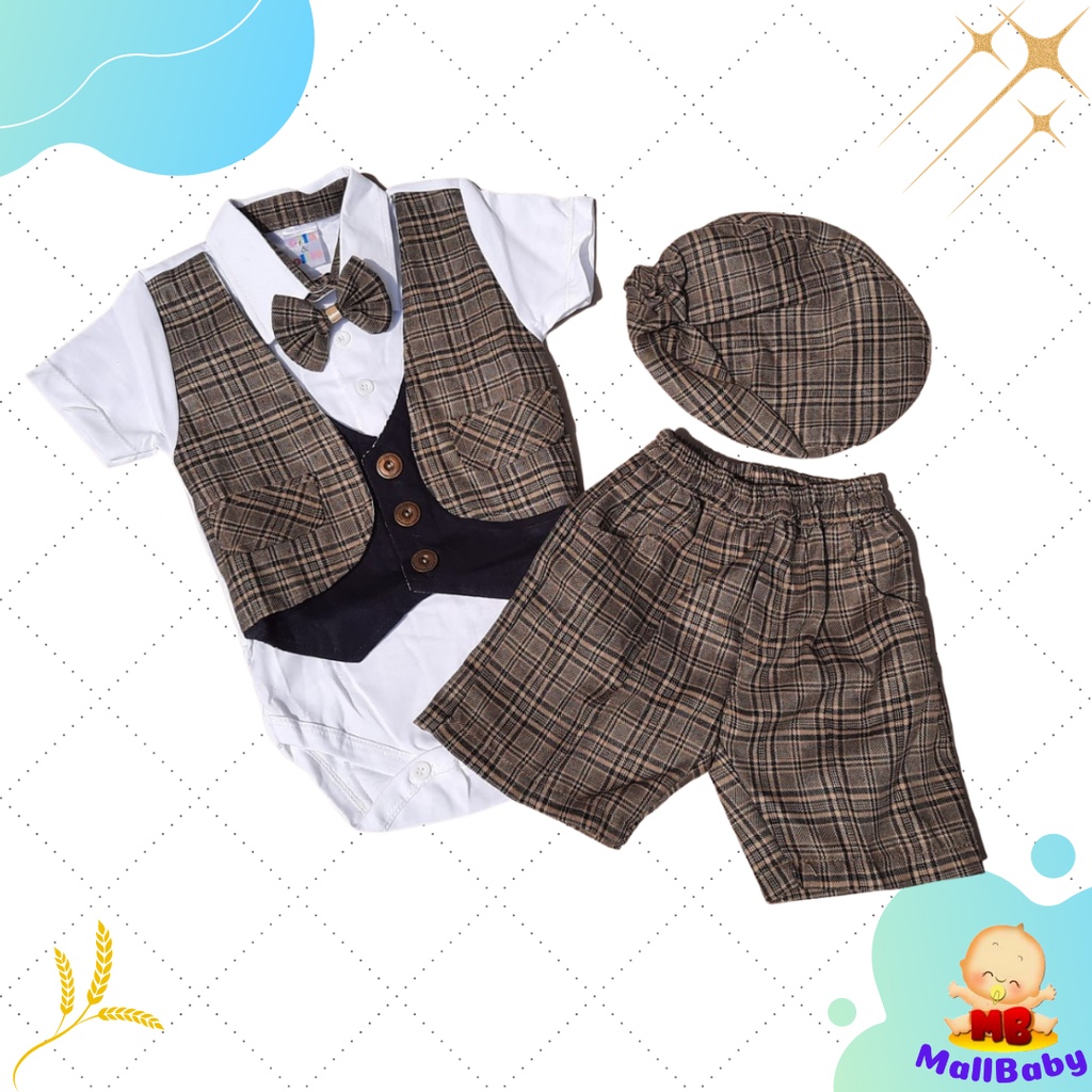 Baju Pesta Bayi Laki Laki Tuxedo Bayi Setelan Jumper Bayi Laki Laki set Dasi Topi Gary
