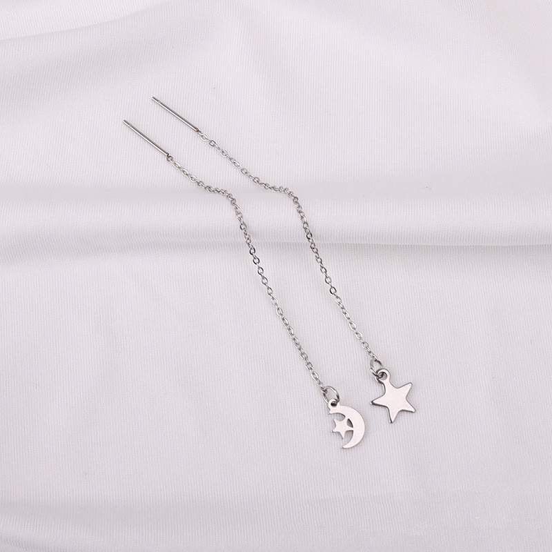 Magic789 Chic S925 Silver Long Chain Star Moon Charm Drop Earrings for Women Girls Ear Jewelry