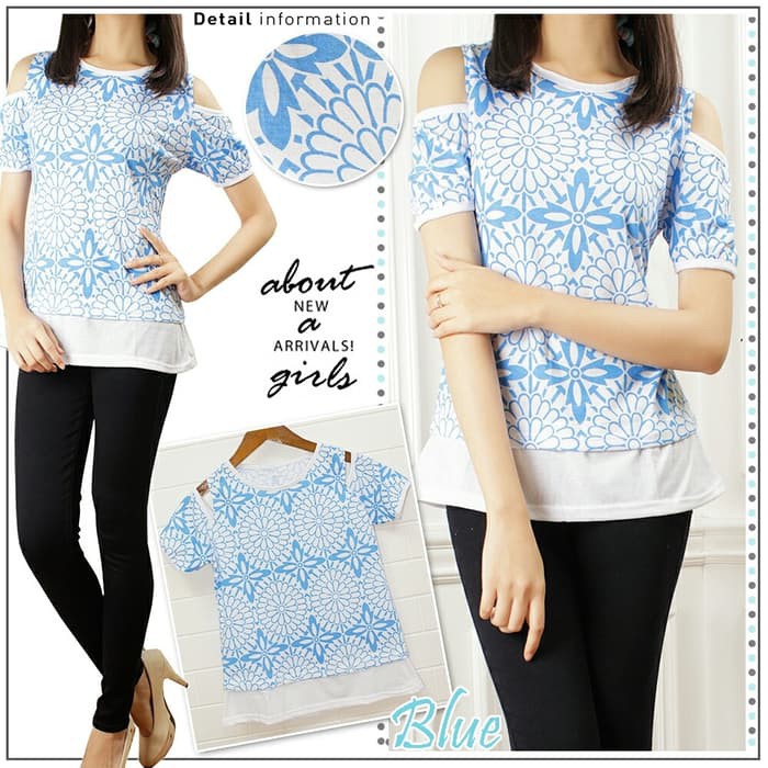 Blus Wanita Casual Longgar O-Neck Lengan Pendek Aksen L