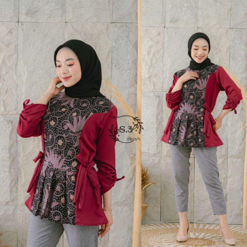 Atasan Batik Wanita Modern / Blouse Batik Kombinasi Mosscrepe Size M, L, XL ( ORIGINAL )