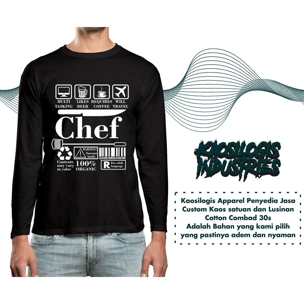 Kaos Baju Baju 30S Distro CHEF WARNING koki knif juru masak kaos pria wanita Lengan Panjang
