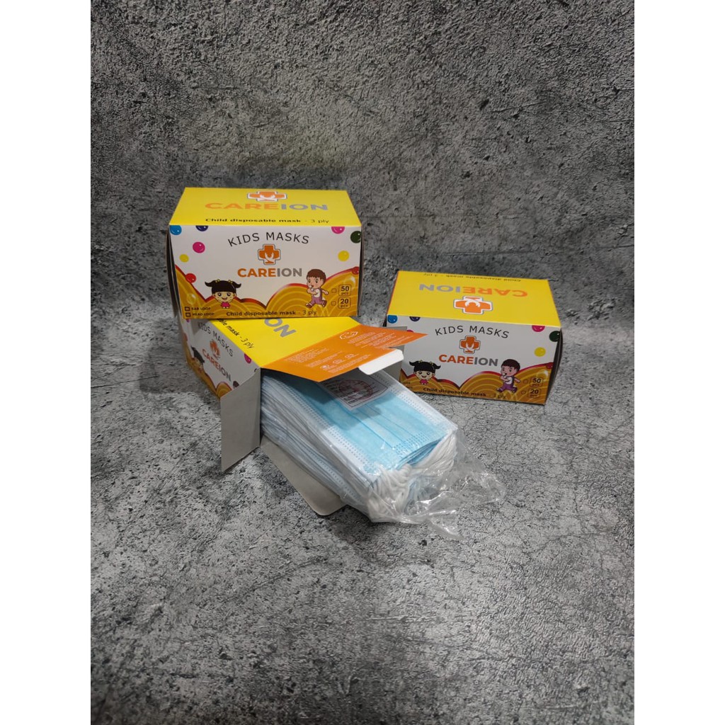 PER BOX 50PC - MASKER ANAK 3PLY CAREION NECARE ALKINDO WARNA POLOS