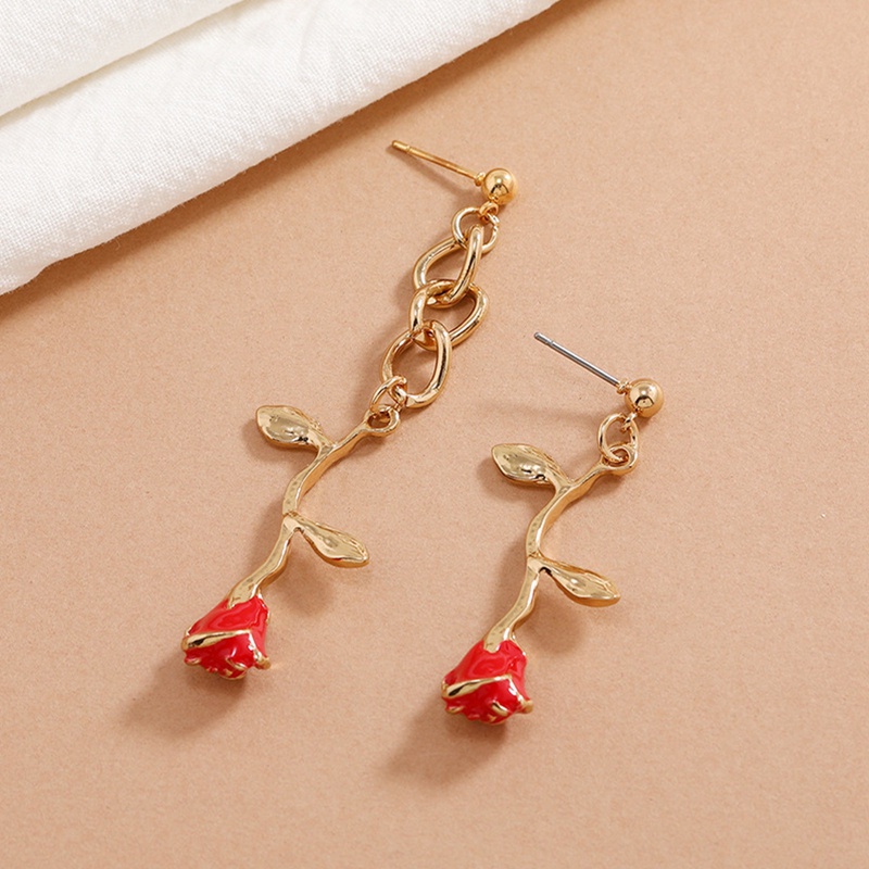 Anting Juntai Bentuk Bunga Mawar Merah Aksen Berlian Imitasi Gaya Vintage Untuk Wanita