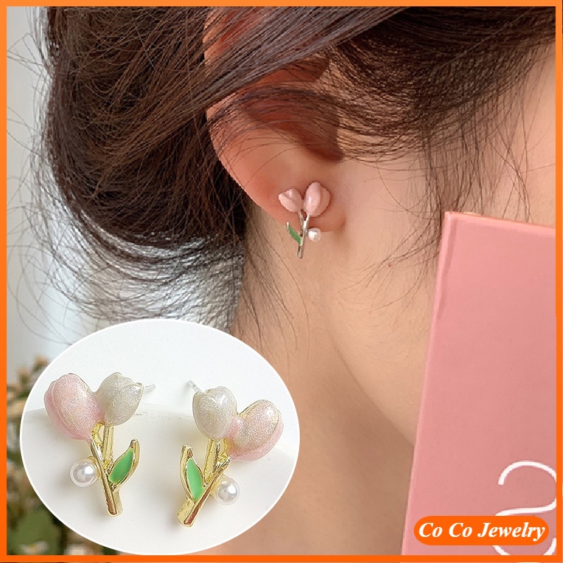 Anting Stud 925 Silver Bentuk Tulip Warna Pink