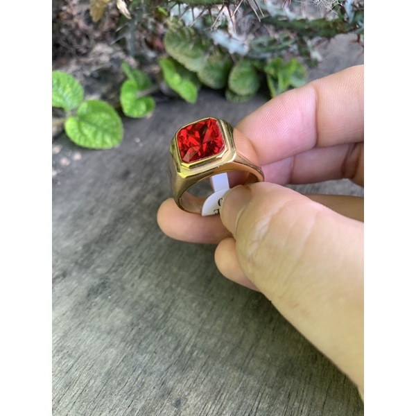 Cincin Pria Octagon Minimalis Ring Titanium Stainless Steel Warna Gold Batu Akik Merah Red Ruby