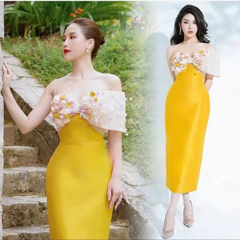 midi dress kuning sabrina yellow floral gown gaun medium middle dress tanggung shining wedding party