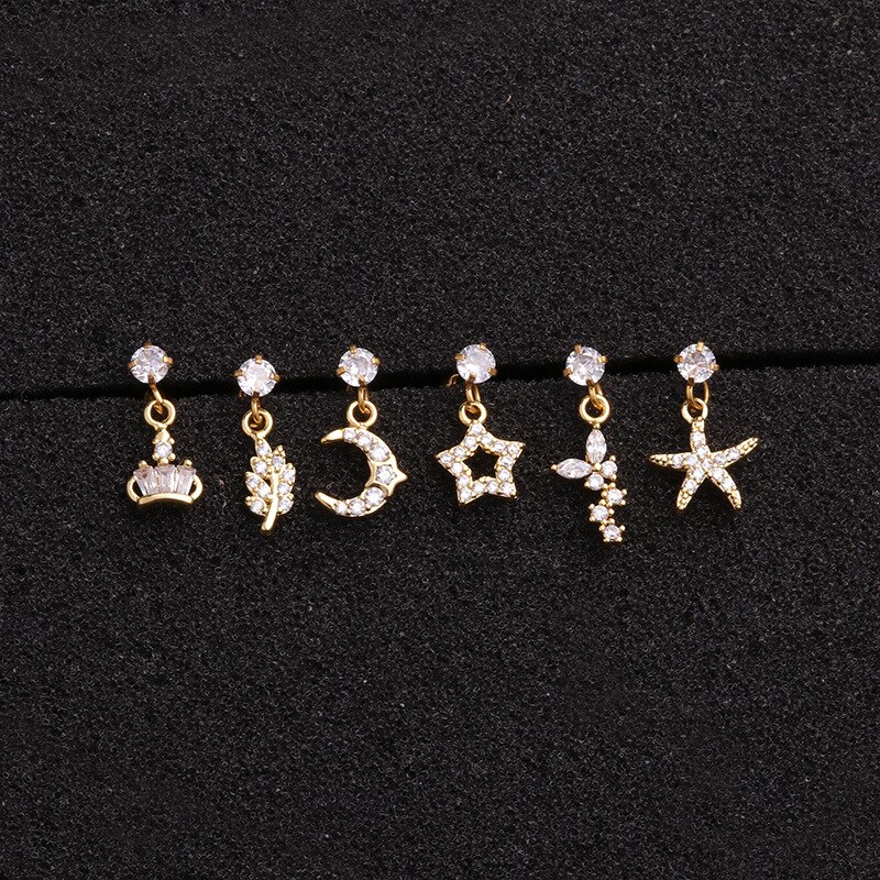 1pc Anting Stud Tindik Tulang Rawan Bentuk Bintang Bulan Mahkota Helix Untuk Wanita