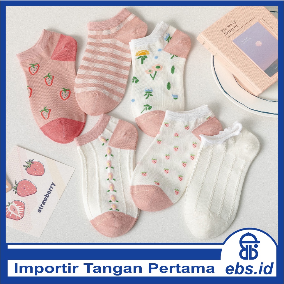 𝗘𝗕𝗦 ✅ KK014 Kaos Kaki (Tanpa Kemasan) Wanita Tipis Pendek Semata Kaki Motif Strawberry Bunga Fashion Korea Women Sock Import Murah