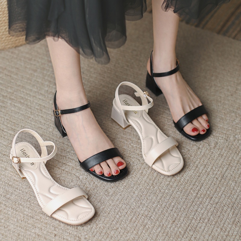 2021  Wanita  Tumit Tebal Sepatu Hak Tinggi Square Toe Sandal Huidong Wanita Sandal  Stock  salah Sa