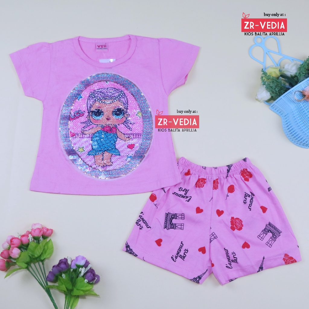 Setelan Queena uk 1-6 Tahun / High Quality Baju Anak Perempuan Lengan Kartun Pendek Cewek Kaos Usap