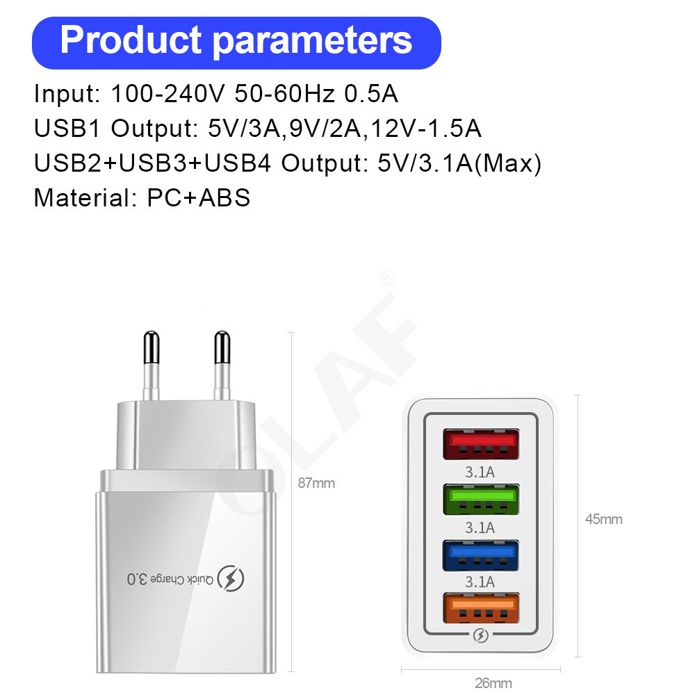 Marjay Adapter Charger 5V 4 Port USB QC3.0 Quick Charge 3.0 4.0 Fast Charging Pengisian Daya Cepat+Lampu LED  Untuk Iphone X / Samsung / Xiaomi / Huawei