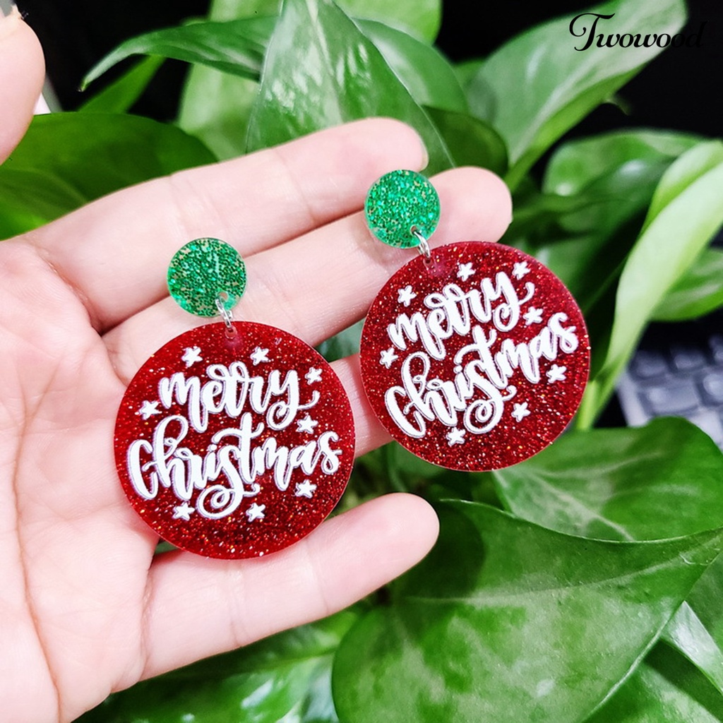 1 Pasang Anting Hoop Bentuk Bulat Geometris Aksen Glitter Untuk Dekorasi Natal