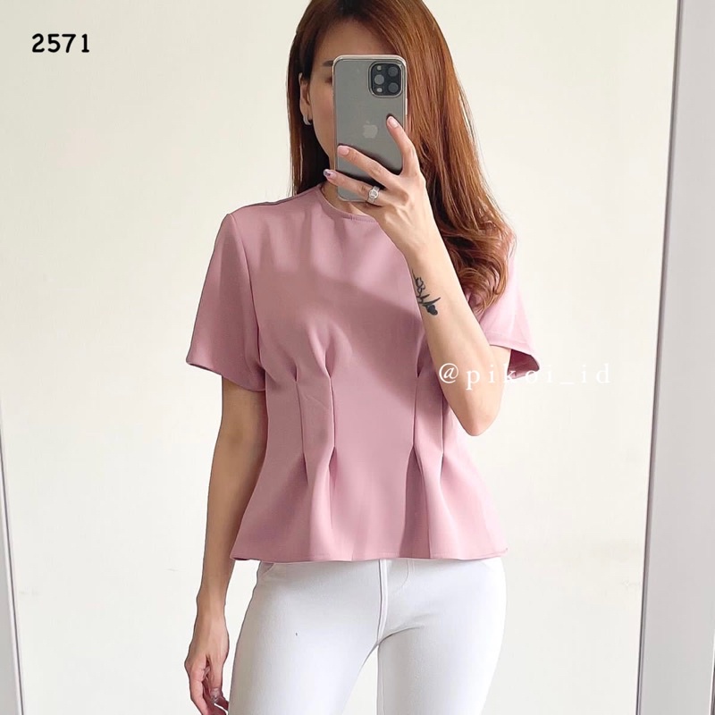 Baju merah imlek / semi crop top hijau / atasan wanita peplum lipit / baju jalan murah / blouse 2571